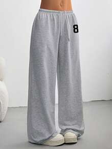 SHEIN EZwear Women's Autumn/Winter Simple Front Tie Loose Sweatpants, Casual Daily Wear, Suitable For Back To School Season, Numeric 80 Print,Fall