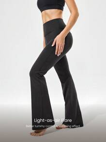 GLOWMODE 31英寸Softy Velvaire超高腰弧形接缝喇叭紧身裤，低冲击瑜伽普拉提工作室日常休闲装 - 黑色 - 查看 5