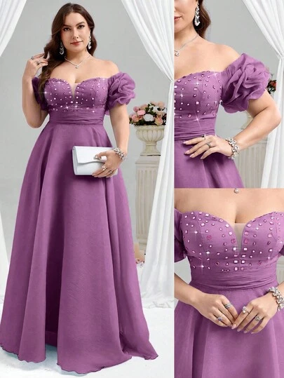 Coutiva Elegante vestido de bola con hombros caídos, cuello en V profundo, mangas cortas abullonadas y plisadas, con detalles de strass a cuadros, adecuado para fiestas de cumpleaños, ceremonias de graduación y cenas