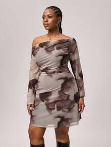 SHEIN Tall CURVE Große Größen Herbst sexy süßes braunes Farbverlaufsmuster Mesh-Muster Off-Shoulder gerafftes ausgestelltes Langarm-Minikleid, Geburtstagskleider für Frauen - Verschiedenfarbig - Übersicht 3