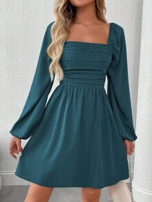 EMERY ROSE Damen Lässig einfarbiges Kleid mit quadratischem Ausschnitt, Ballonärmel und Raffung an der Büste, Frühling/Herbst - Taubenblau - Übersicht 6