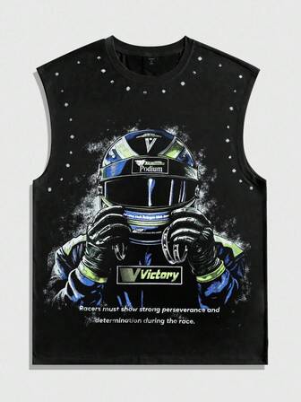 Street Life Herren lässiges, locker geschnittenes Tanktop mit Rennfahrer-Grafik-Muster und Rundhalsausschnitt, im Stil der 2000er Jahre