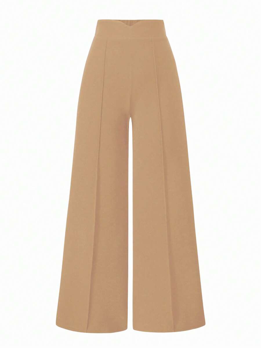 SHEIN Unity Women's Solid Color Toothpick Stripe Design Wide Leg Loose Casual Pants - Khaki - View 1