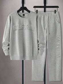 Manfinity Homme Plus Size Men's California Graphic Pullover And Drawstring Waist Sweatpants Set, Fall Winter Clothes - Grey - View 3