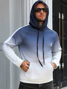 Manfinity Homme هودي رجالي بتصميم أكمام راجلان مطبوع رقميًا بتدرج لون وحرف B، هدية مثالية للحبيب أو الزوج، هودي كاجوال للجيم بتأثير أومبير، خريفي - متعدد الألوان - مشاهدة 6