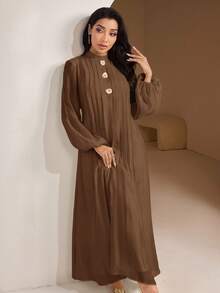 Veilorie Gaun Elegan Wanita Warna Polos dengan Dekorasi Bunga 3D, Lengan Lentera, dan Lipit - Coklat - View 7