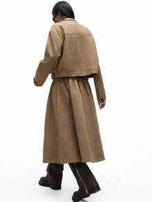 GENKIRA 新款时尚女士两件套，绒面革复古卡其色经典口袋设计感纽扣高端工装风格立领女士两件套 - 卡其色 - 查看 2