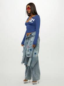 SUMWON WOMEN 修身长袖圆领图案印花短款上衣秋冬春季休闲时尚街头服饰基本款必备层 - 藏蓝色 - 查看 5