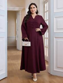 Al Najma Vestido feminino plus size elegante cor sólida manga sino estilo árabe - Borgonha - Ver 4