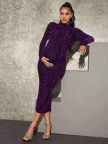 MaterniChic 孕妇纯色修身优雅奢华长袖连衣裙 - 紫色 - 查看 3