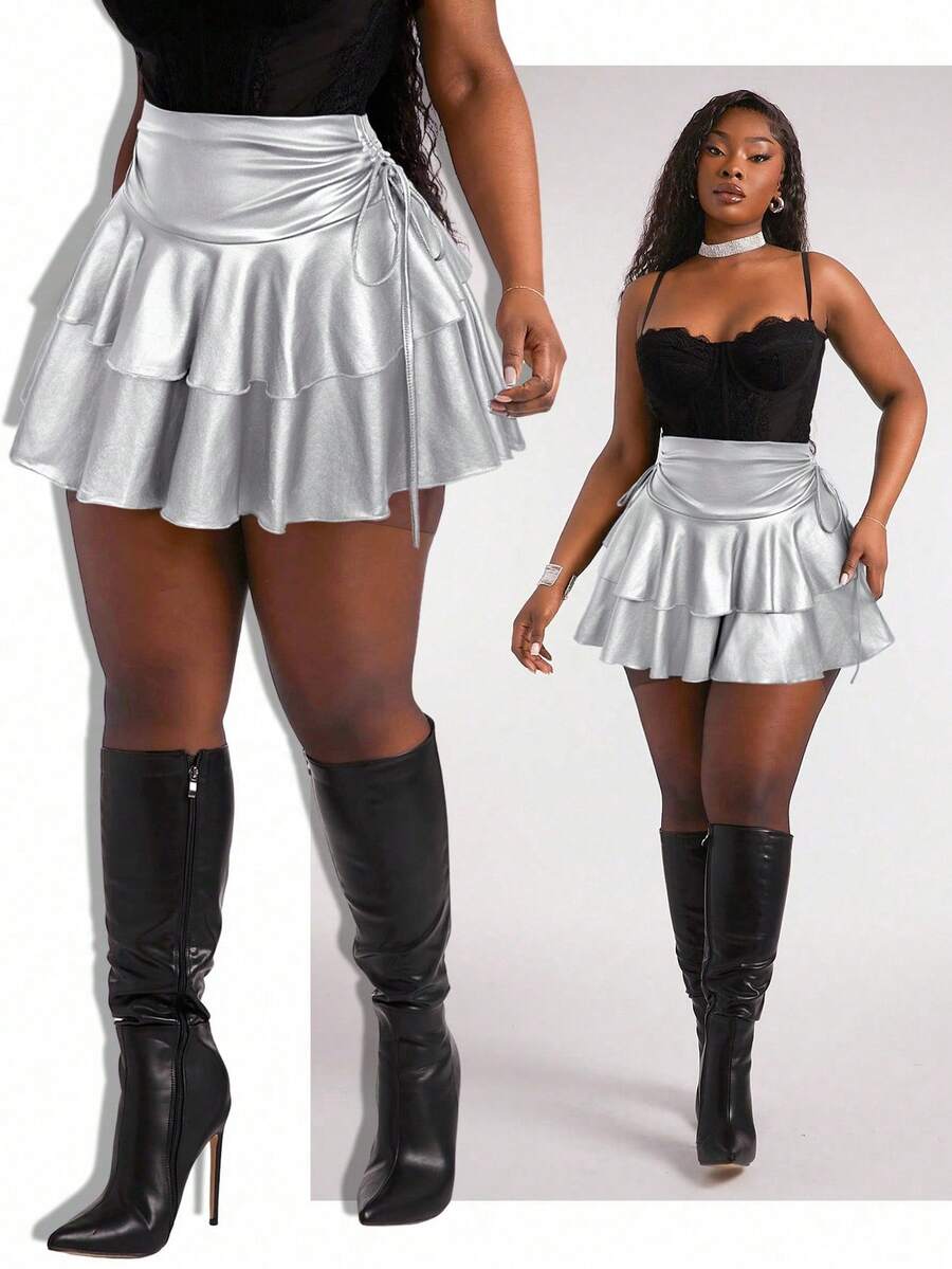 Radiana 大码女式休闲街头时尚弹力银色涂层面料抽绳腰荷叶边迷你裙,适合日常穿着、音乐节、演唱会、狂欢派对、海滩度假、约会之夜、生日、单身派对、夜店等场合,可爱休闲,适合购物、街头风、外出等各种场合,易于搭配,显瘦,凸显身材,修饰身形。 - 銀色 - 查看 1