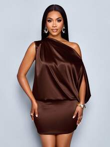 SOLERSUN Women's Elegant Asymmetric Collar Satin Bodycon Mini Dress For Women - Coffee Brown - View 3