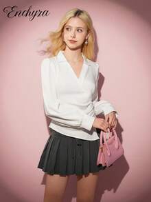 少女休闲优雅百搭白色长袖不对称领衬衫，春秋装 - 白色 - 查看 5