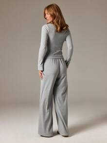 AiiRZ Women Luxurious Ribbed Knit Co-Ord Set Long Sleeve Button Up Cardigan With Wide Leg Palazzo Pants Fall Winter Loungewear - Grey - View 2