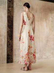 GENKIRA Gewebtes Blume Muster Illustration schickes besticktes perlenbesetztes Kleid mit V-Ausschnitt, rückenfreiem, ärmellosen, tailliertem Bund, elegant, lässig, für Outdoor, Strand, Urlaub, romantische Dates, Frühling/Sommer/Herbst für Damen - Aprikosenfarben - Übersicht 4