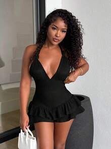 Alexandranx Summer Sexy Lace-Up Ruffle Back Halter Bodycon Romper - Black - View 4