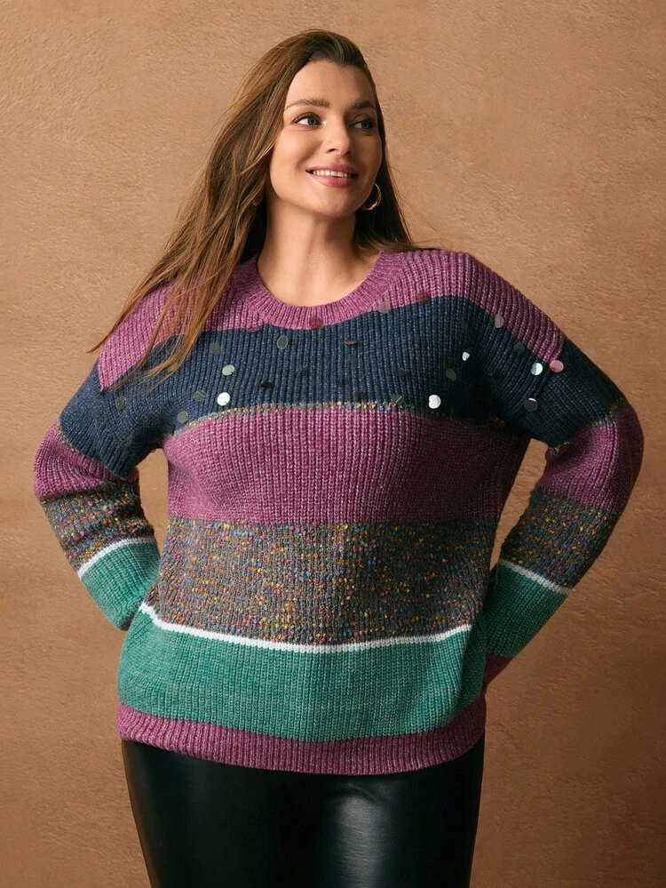 Plus Size Women's Colorful Bamboo Slice Casual Pullover Sequin  Sweater With Dropped Shoulders, Women's Winter Sweater