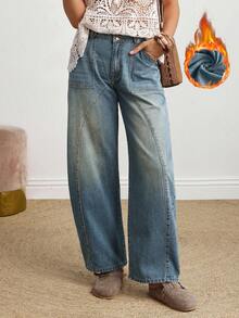 EMERY ROSE Quần jeans denim ống rộng dáng rộng thời trang thường ngày dành cho nữ, có túi xéo, dáng rộng và lót giữ nhiệt, quần jeans ống rộng dáng rộng thời trang dạo phố mùa thu/đông dành cho nữ, quần jeans ống rộng rộng rãi, giữ nhiệt - Màu xanh lam - Xem 5