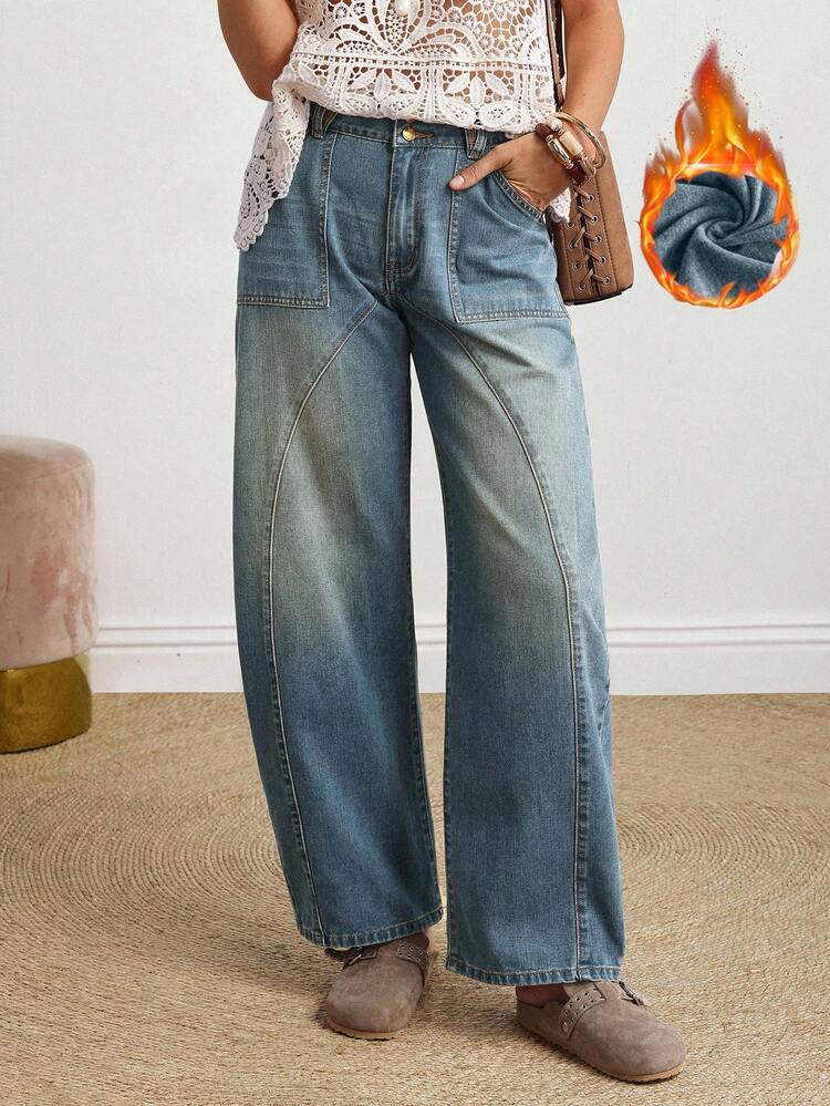 EMERY ROSE Women's Casual Daily Fashion Street Banana Denim Jeans With Slant Pockets, Loose Fit & Thermal Lined, Autumn/Winter Casual Street Patchwork Pocket Loose Wide Leg Jeans Women Jeans Baggy Loose Jeans Thermal Denim - Blue - View 5