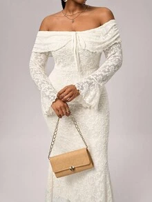 SHEIN Tall CURVE Damen Große Größen Off-Shoulder Langarm Bodycon Kleid mit Vorderbindung, Silvester Kleid für Frauen - Beige - Übersicht 6