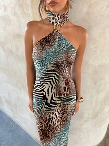 Aloruh Đầm maxi bodycon khoét lưng họa tiết da báo kaki thanh lịch và gợi cảm dành cho nữ kèm khóa kim loại trang trí, thích hợp cho tiệc tùng và tụ tập - trắng - Xem 4