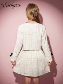 青少年女孩 T 恤套装，休闲优雅百搭，粗花呢夹克套装，搭配蝴蝶结夹克和迷你裙白色套装