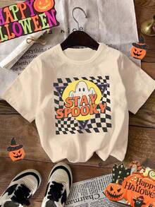 万圣节幼儿男童休闲时尚创意可爱卡通棋盘格幽灵图案字母标语印花基本款短袖 T 恤 - 米色 - 查看 3