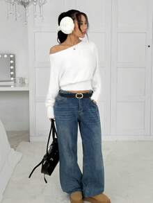 SHEIN EZwear 2025 New Minimalism Fall And Winter Comfortable Softy Cute White Sweater Women's Solid Color Asymmetric Neckline Casual Long Sleeve Sweater Going Out Outfit Halloween Clothes Christmas Clothes Autumn Clothes