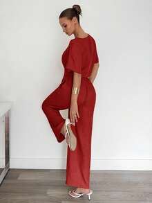 Siren Gaze 2件套女士纯色褶皱衬衫和裤子休闲套装 - 紅木色 - 查看 2