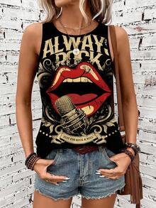 EMERY ROSE Plus Size Women's Casual "Always Rock" Microphone & Music Graphic Tank Top, Suitable For Summer Concert - Black - View 5