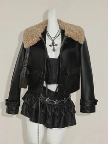 SHEIN ICON Y2k 秋季女款黑色外出撞色仿毛领长袖单排扣 PU 皮革时尚夹克短款皮夹克黑色皮夹克女款仿毛领夹克皮夹克带毛领短款黑色夹克 - 黑色 - 查看 3