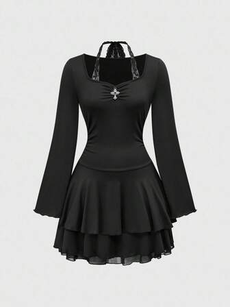 Goth Abito mini gotico punk con decorazione a croce, multi-strato, choker, maniche a sbuffo e allacciatura, per donne