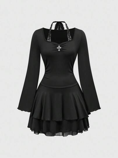 Goth Vestido mini con mangas acampanadas, cordones y decoración de cruz en estilo gótico punk para mujeres