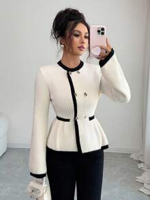 Selianne Women's Elegant Round Neck Front Button Design Contrast Color Sweater Fall Winter Cloth For Women - Black and White - View 3