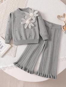 女童甜美灰色毛衣套装 - 精致手工3D花朵，宽松百搭，长袖针织套头衫+长裤两件套，可爱时尚，秋冬毛衣套装，女童针织套装，女童针织毛衣裤套装，女童两件套服装，女童秋季服装 - 灰色 - 查看 1