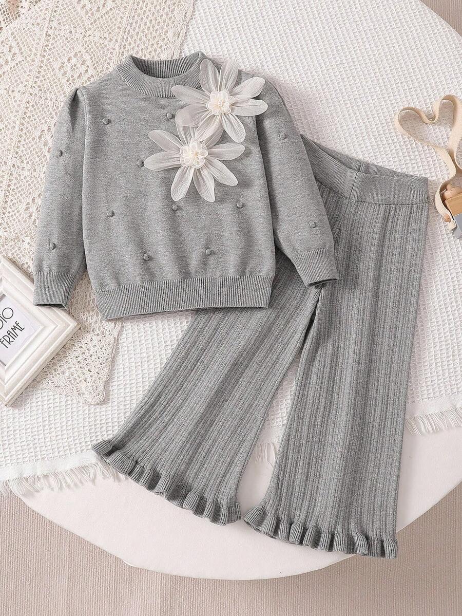 女童甜美灰色毛衣套装 - 精致手工3D花朵，宽松百搭，长袖针织套头衫+长裤两件套，可爱时尚，秋冬毛衣套装，女童针织套装，女童针织毛衣裤套装，女童两件套服装，女童秋季服装 - 灰色 - 查看 1