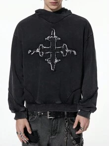 ROMWE MEN Goth Herren Lässig Hoodie mit gewaschenem Kreuz-Patch