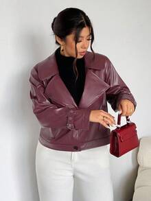 Firerie Chaqueta de piel sintética de unicolor con cuello de solapa y manga larga para mujer de talla grande, otoño - Burdeos - Ver 1
