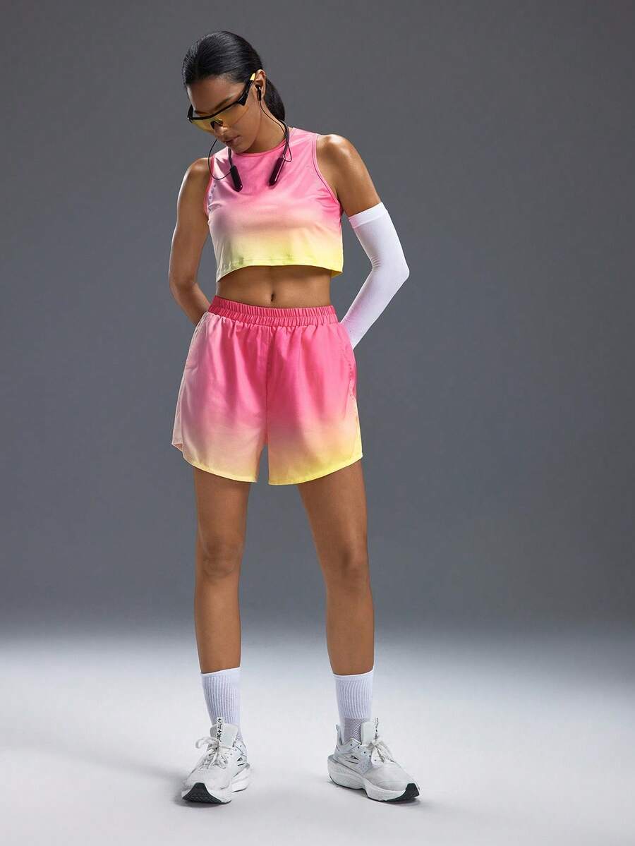 Powerista Women Ombre Color Round Neck Tank Top And Shorts Sports Set Workout Sets - Pink - View 1