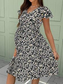 SHEIN 孕妇及哺乳期碎花荷叶边袖连衣裙（夏季） - 黑色 - 查看 4