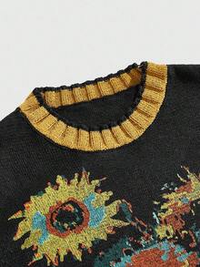 ROMWE MEN Street Life Men's V-Neck Sunflower Floral Pattern Knitted Sweater, Retro, Fall Winter - Black - View 3