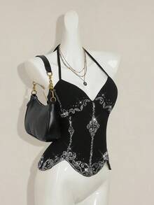 SHEIN ICON Women's Sequin Embroidered Backless Crop Top, Y2K Retro Sexy Chic Cute Blouse Gothic Top Rhinestone Corset Top,Tank Top,Black Top - Black - View 5