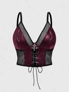 ROMWE Dây đeo da Gothic Mesh Patchwork cỡ lớn cho nữ - Đỏ - Xem 5