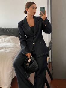 Livesso 女式翻领西装外套和宽松牛仔裤套装（秋冬） - 藍色 - 查看 6