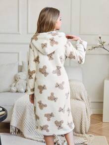 女孩卡通熊印花毛绒睡袍，适合秋冬季家居服 - 米色 - 查看 2