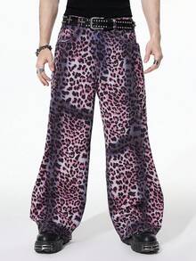 ROMWE MEN Street Life Men's Fashionable Leopard Print Wide Leg Jeans - Pink - View 4