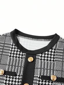 Ellevyn Váy ôm sát tay dài họa tiết kẻ caro thanh lịch dành cho nữ vào mùa đông, màu sắc tương phản, chi tiết nút, thích hợp mặc trong ngày lễ, trang phục công sở thường ngày cho nữ, trang phục giáo viên cho nữ, trang phục mùa thu cho nữ - Đen và trắng - Xem 5