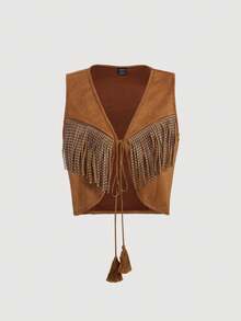 SHEIN MOD Women Bohemian 70s Fringe Sleeveless Jacket, Autumn Outerwear Tops,Fall Women Jackets,Western Jacket,Cowboy Jecket