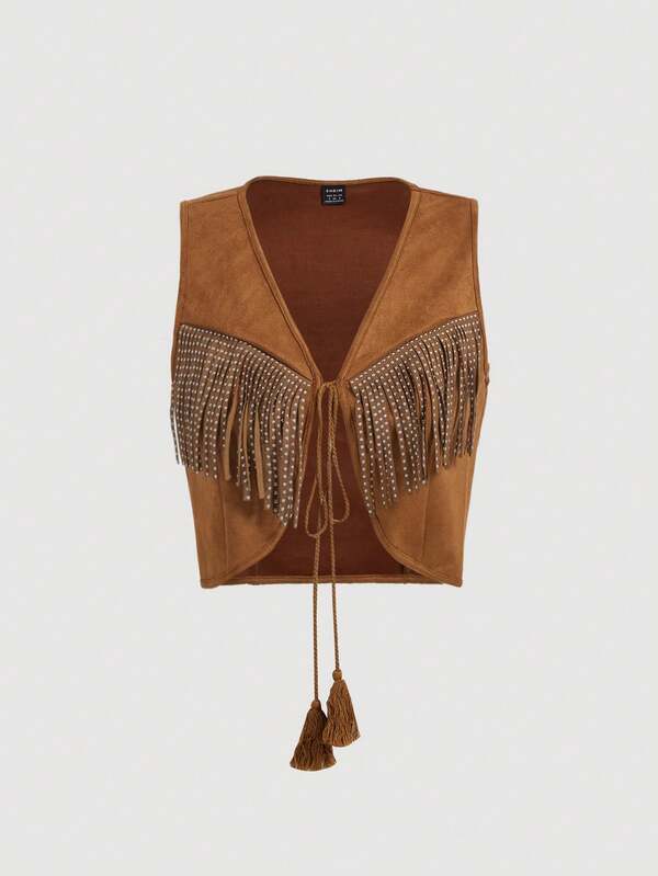 SHEIN MOD Women Bohemian 70s Fringe Sleeveless Jacket, Autumn Outerwear Tops,Fall Women Jackets,Western Jacket,Cowboy Jecket