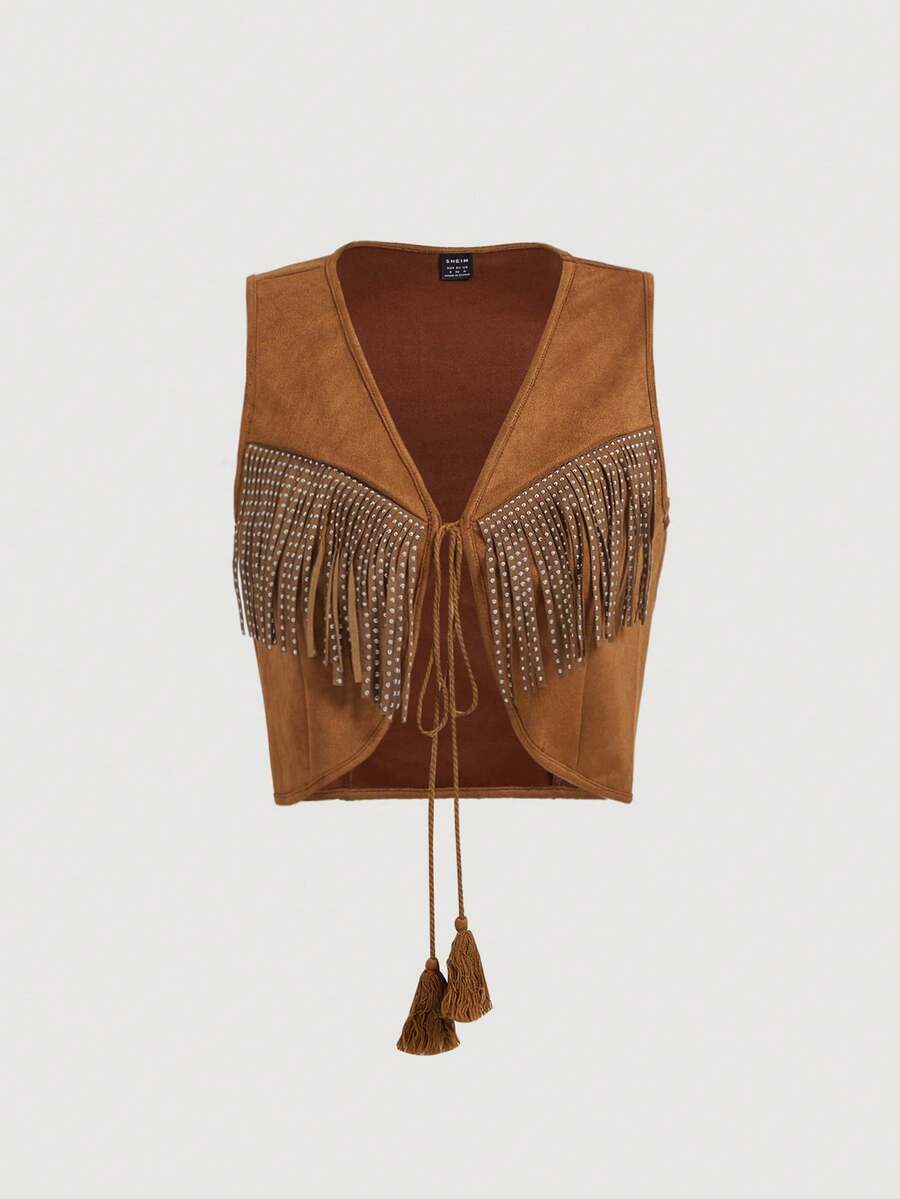 SHEIN MOD Women Bohemian 70s Fringe Sleeveless Jacket, Autumn Outerwear Tops,Fall Women Jackets,Western Jacket,Cowboy Jecket